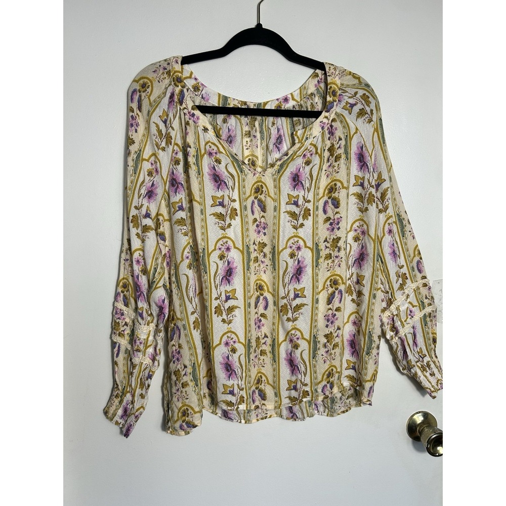 Jane +‎ Delancey Floral Boho Peasant Blouse XL Rayon Purple Yellow Crochet Lace